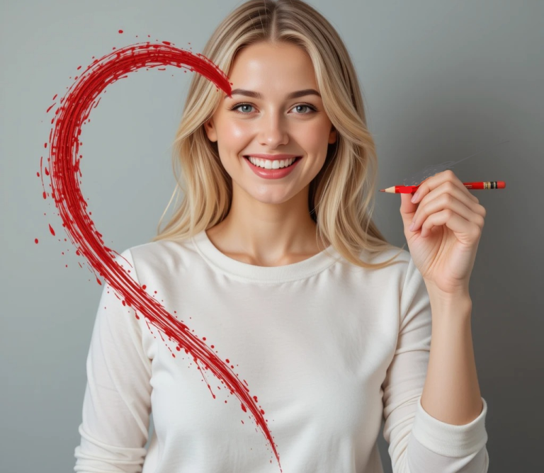 A young lady with an inviting smile draws a red heart in the air, inviting learners to contact the company for info about English courses.