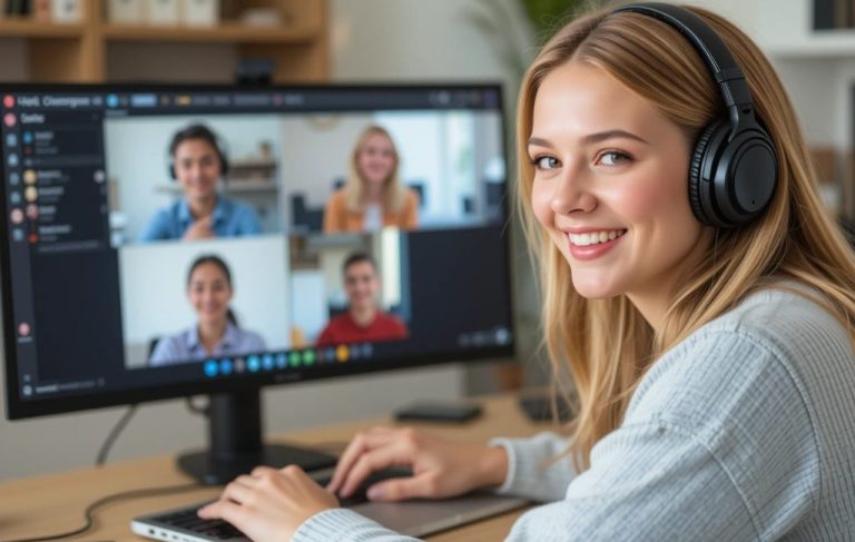 A young female learner of English with headphones is smiling at the camera, and on the screen there are other online learners