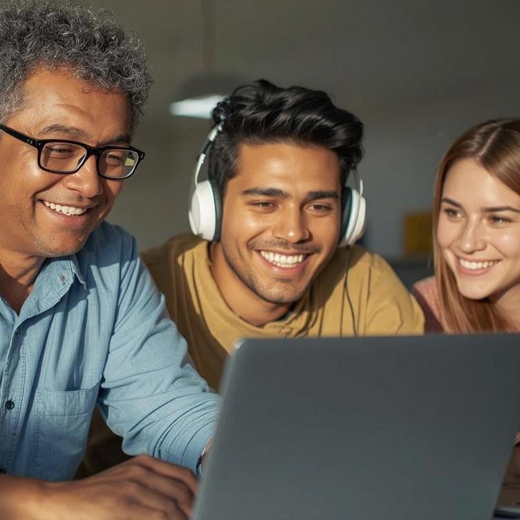 A middle aged man and a young couple are happily learning English online, attending online courses, and exploring resources on laptops.